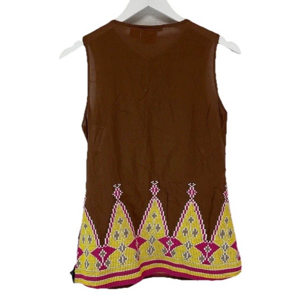 Tory Burch Tunic Top Size 10 Brown Yellow Embellished Ruffle Silk Boho V-Neck - Picture 2 of 7